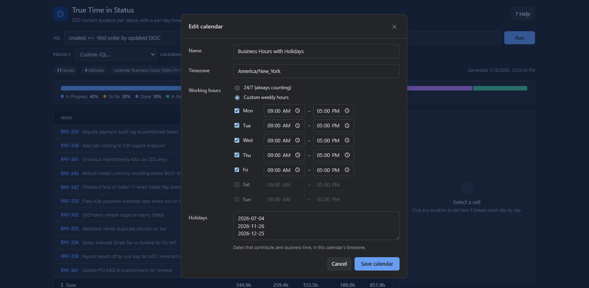 Calendar editor: working hours per weekday, timezone, and a holiday list, over a dimmed report